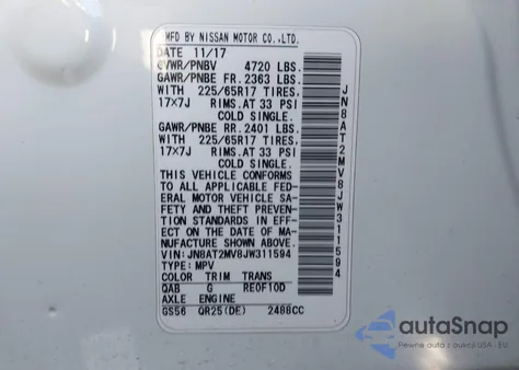 2018 Nissan Rogue Sv z USA, uszkodzony, nr VIN JN8AT2MV8JW311594